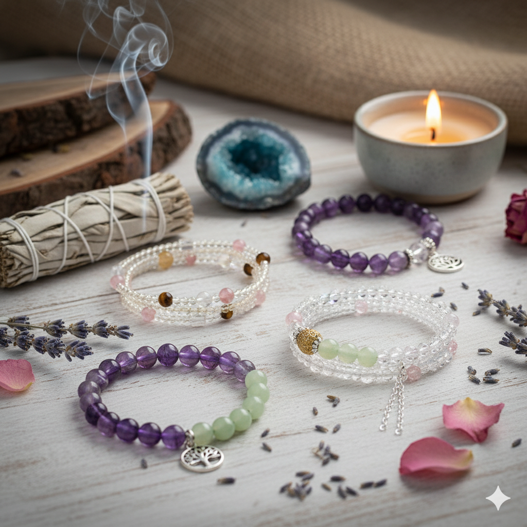 Set of beaded bracelets on a wooden surface with candles, lavender, and rose petals.