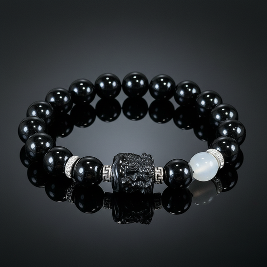The Obsidian & Silver Sheen Lion Guardian Bracelet