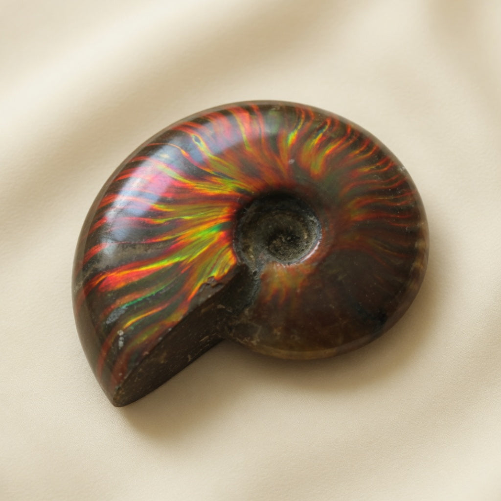 The Rainbow Ammonite Palm Stone - front view