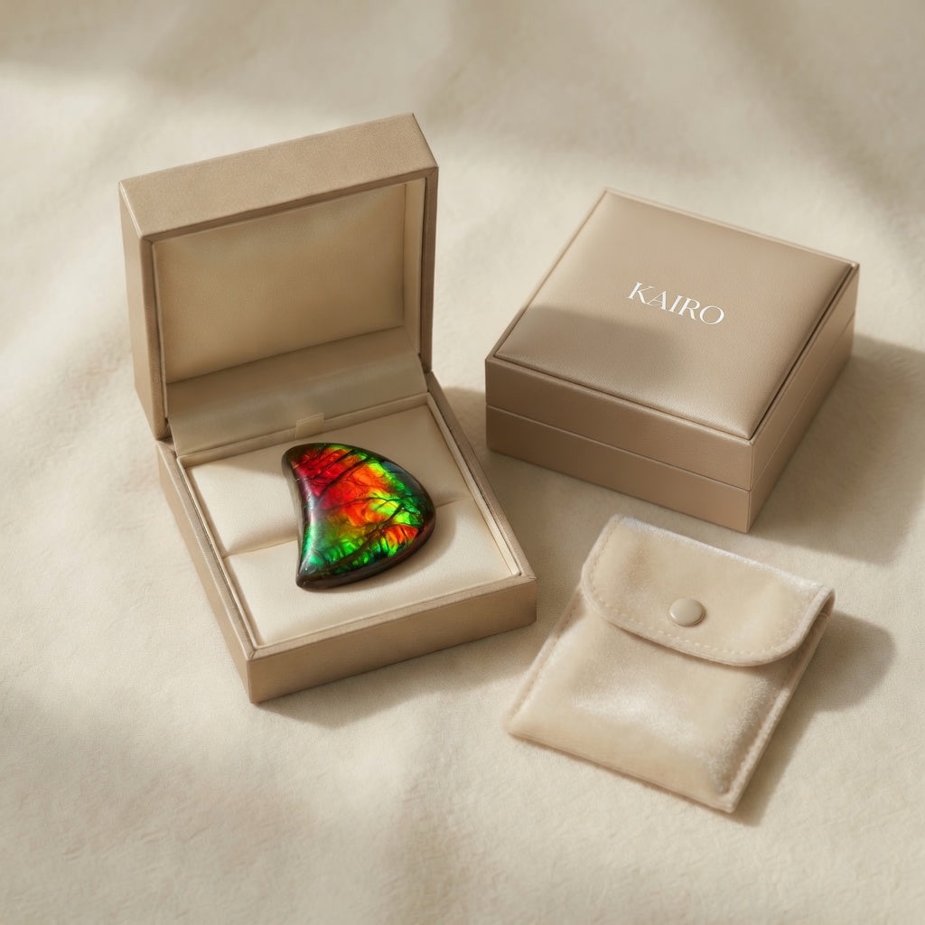 Ammolite Tri-Color Spiral Shell Cabochon 10x13mm - KAIRO gift packaging