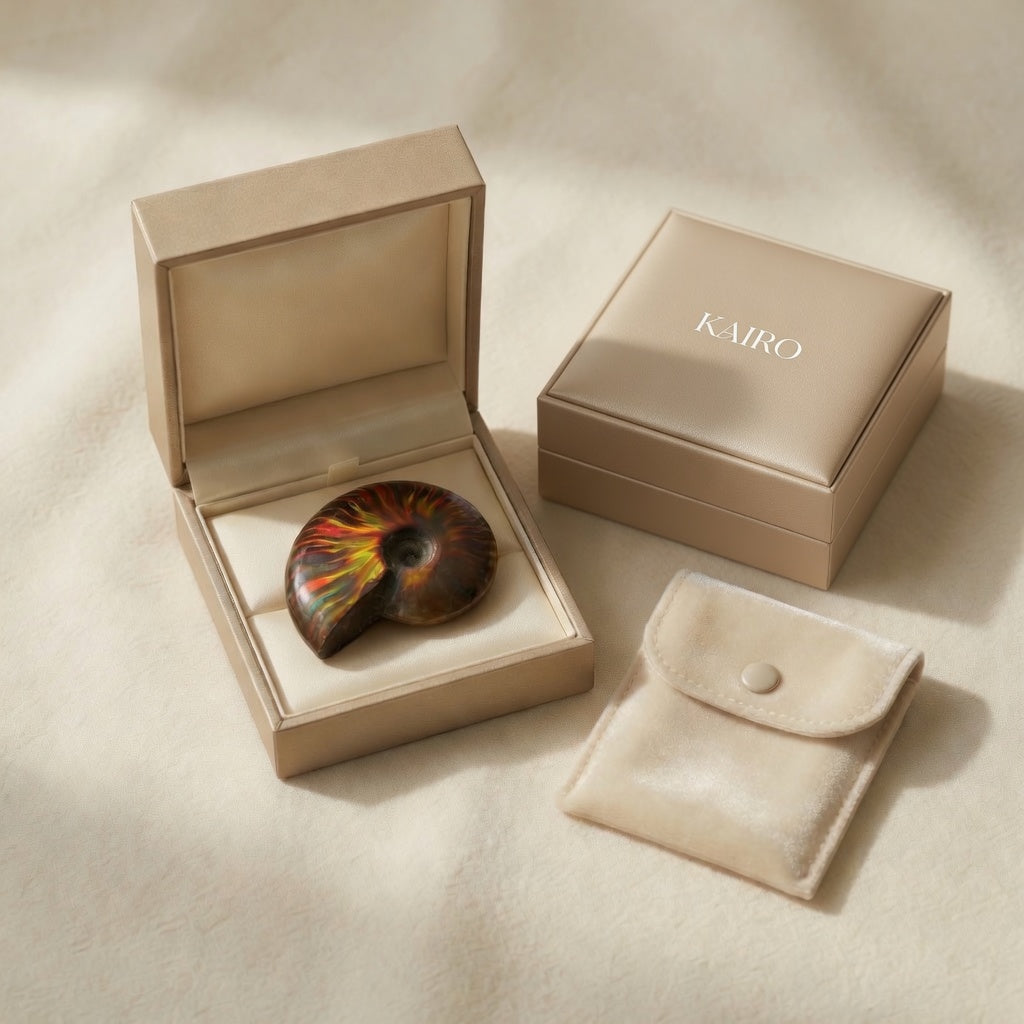 The Rainbow Ammonite Palm Stone - KAIRO gift packaging
