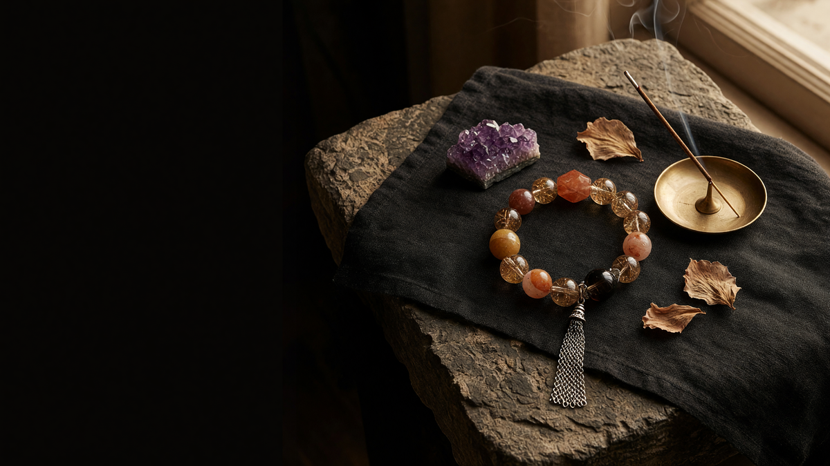 Kairo banner 1 Ritual Table desktop - gold foil crystal bracelet on dark linen with incense and raw amethyst